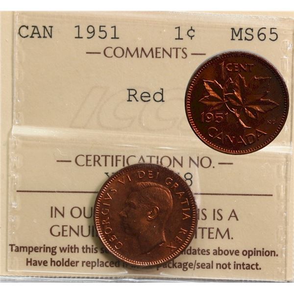 1951 1¢ ICCS Gem Mint State-65 Red