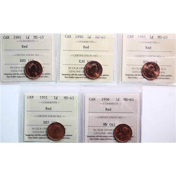 1951 1¢, 1956, 1990, 1991, 1993. Lot of 5 coins all ICCS Gem Mint State-65 Red