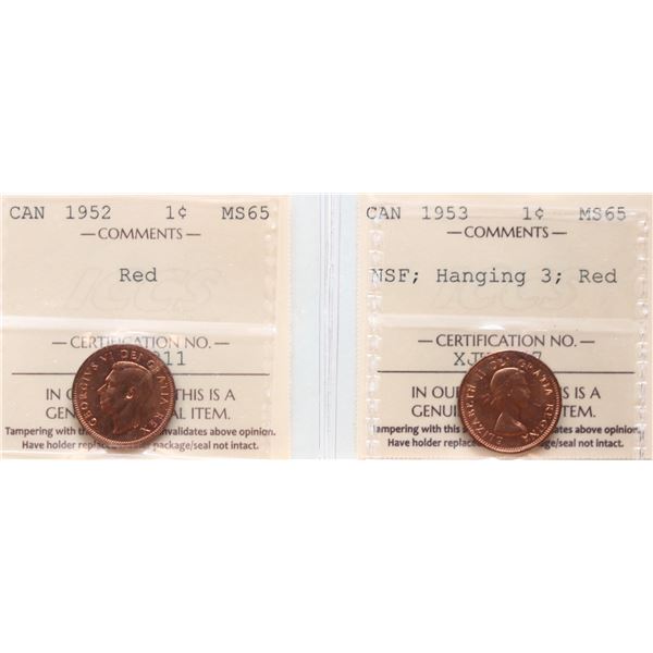 1952 1¢ , 1953 "NSF - Hanging 3", Both  coins ICCS Gem Mint State-65 red.