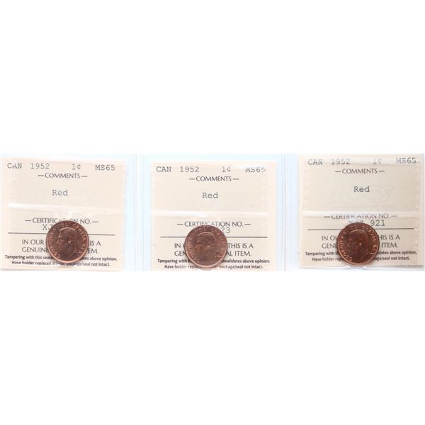 1952 1¢ Lot of 3 coins ICCS Gem Mint State-65.