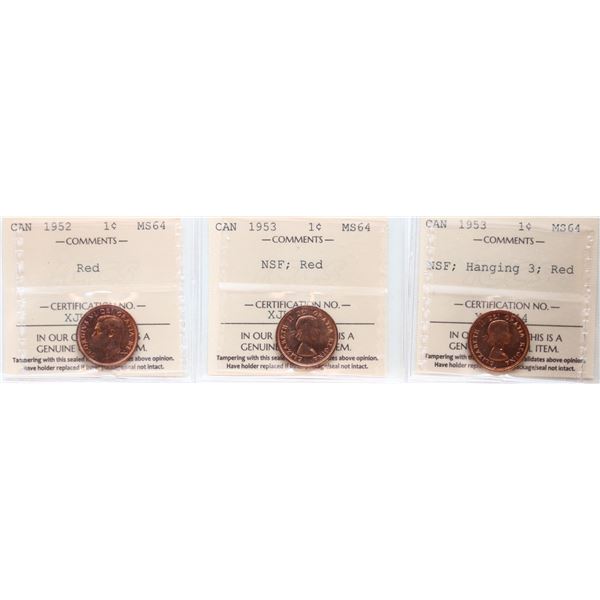 1952 1¢, 1953 "NSF", 1953 "NSF - Hanging 3", all 3 coins ICCS Choice Mint State-64 Red.