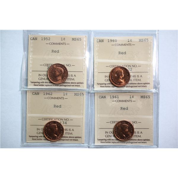 1952 1¢, 1960, 1961, 1962, 1964, all 5 coins ICCS Gem Mint State-65.