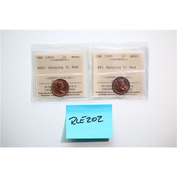 1953 1¢ "NSF - Hanging 3", 1955 "SF - Hanging 5" Both coins ICCS Gem Mint State-65 Red