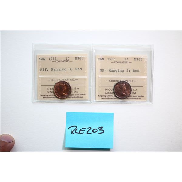 1953 1¢ "NSF - Hanging 3", 1955 "SF - Hanging 5" Both coins ICCS Gem Mint State-65 Red