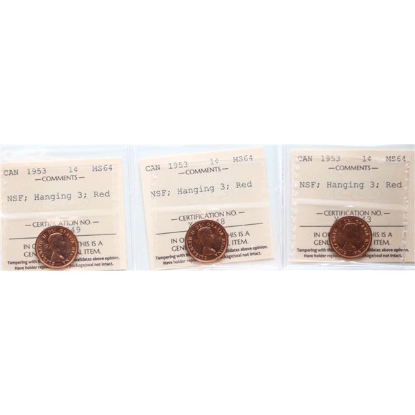 1953 1¢ "NSF - Hanging 3", Lot of 3 coins ICCS Choice Mint State-64.