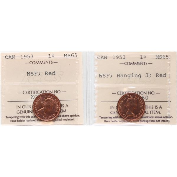 1953 1¢ "NSF", 1953 "NSF - Hanging 3", Both  coins ICCS Gem Mint State-65 Red.