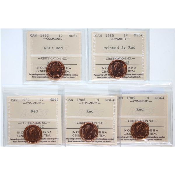 1953 1¢ "NSF", 1985 "Pointed 5", 1987, 1988, 1989  Lot of 5 coins ICCS Choice Mint State-64 Red.