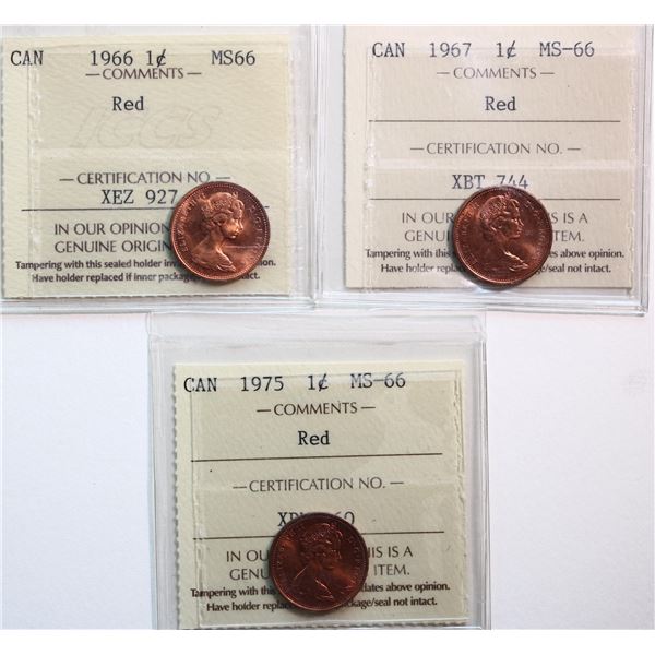 1966 1¢. 1967, 1975. Lot of 3 coins all ICCS Superb Gem Mint State-66