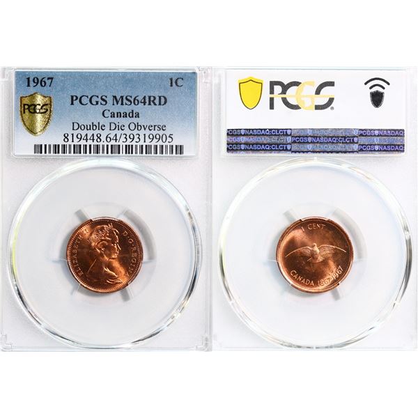 1967 1¢ Double Die Reverse" PCGS Choice Mint State-64 Full red.