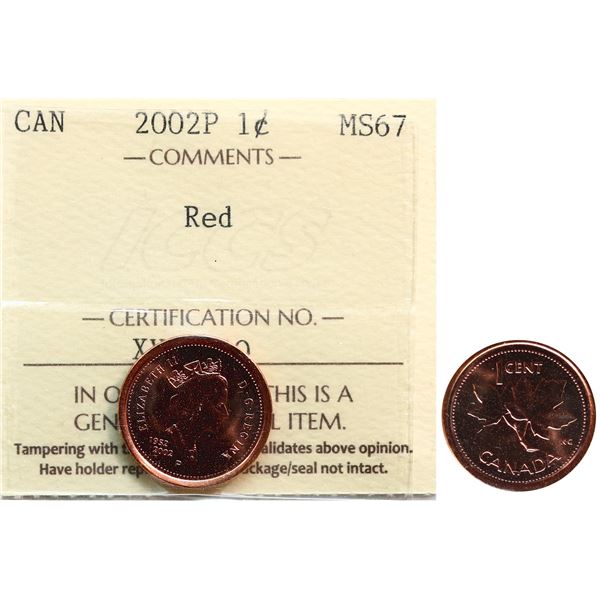 2002P 1¢ ICCS Superb Gem Mint State-67 Red
