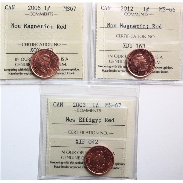 2003 1¢, 2006, 2012. Lot of 3 coins all ICCS Superb Gem Mint State-66 to Superb Gem Mint State-67. I