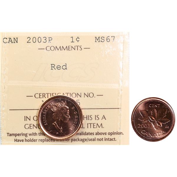 2003-P 1¢ ICCS Superb Gem Mint State-67 Full red.