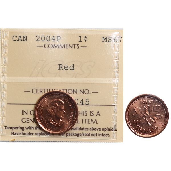 2004-P 1¢ ICCS Superb Gem Mint State-67 Full red.
