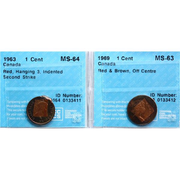 Error/Variety; 1963 1¢ Hanging 3, Indented Second Strike Choice Mint State-64RD & 1969 Off Centre St