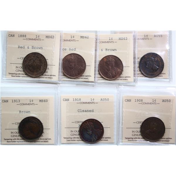 ICCS graded Lot; 1888-1918 1¢.  Group of 7 coins graded ICCS About Uncirculated-50 to Choice Mint St