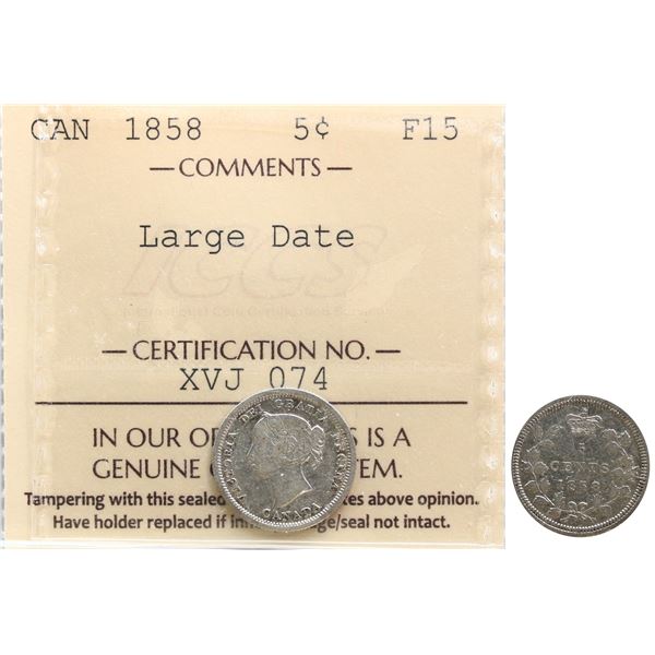 1858 5¢ "Large Date" ICCS Choice Fine-15
