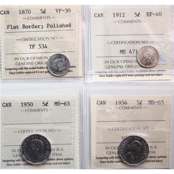 1870 5¢ "Flat Border; Polished", 1912, 1950, 1956.  Lot of 4 coins ICCS Choice Very Fine-30 to Gem M