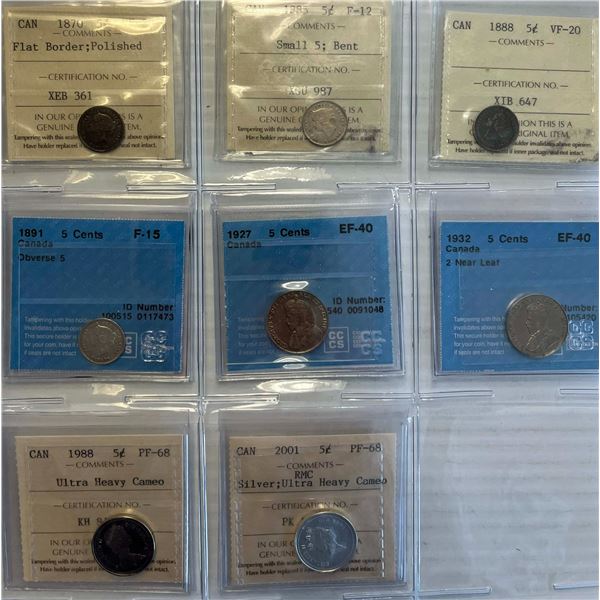 1870 5¢ to 2001 Group of 8 coins, all ICCS/CCCS Very Fine-20 to Gem Mint State-65.  Some with issues