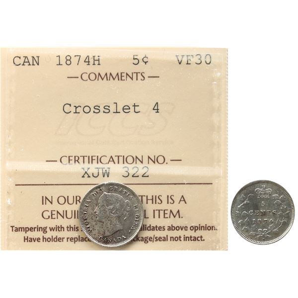 1874H 5¢ "Crosslet 4" ICCS Choice Very Fine-30
