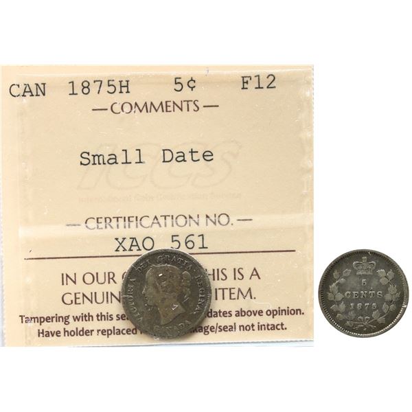1875H 5¢ "Small Date" ICCS Fine-12