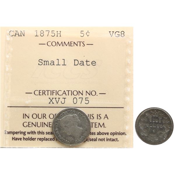 1875H 5¢ "Small Date" ICCS Very Good-8