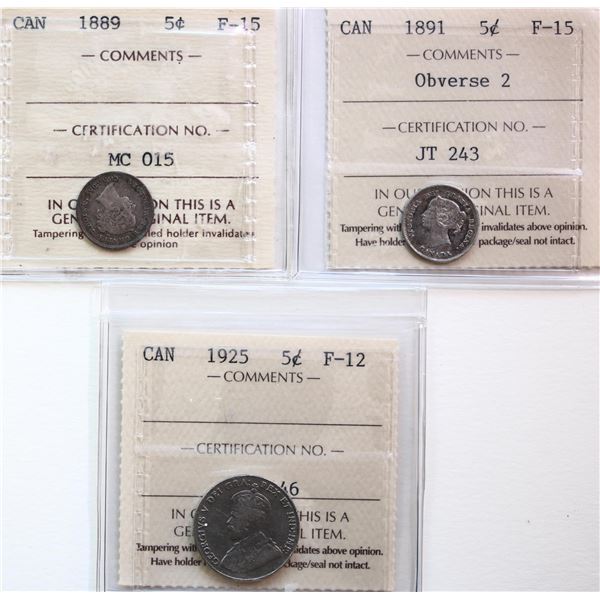 1889 5¢, 1891 "Obv2", 1925.  Lot of 3 coins ICCS Fine-12 toChoice Fine-15