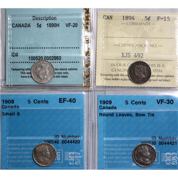 1890H 5¢, 1894, 1908 ¨Small 8¨, 1909 ¨RL, BT¨All 4 coins ICCS/CCCS Choice Fine-15 to Extra Fine-40.