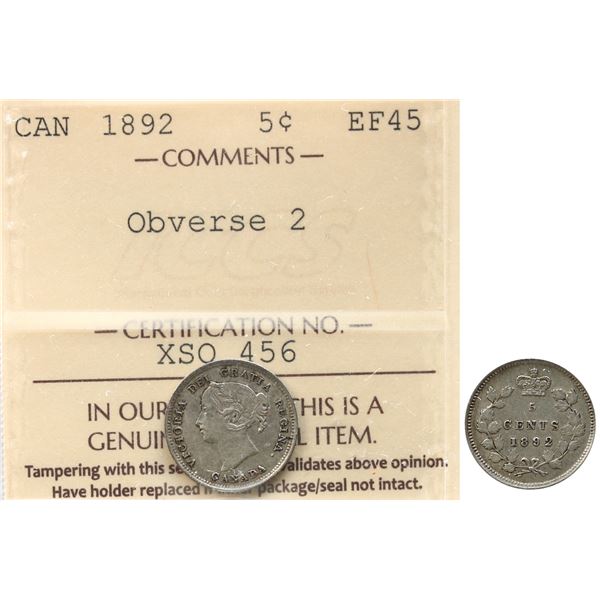 1892 5¢ "Obv 2" ICCS Choice Extra Fine-45
