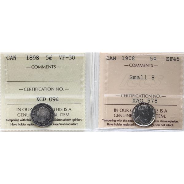 1898 5¢ ICCS Choice Very Fine-30, 1908 "Sm 8" ICCS Choice Extra Fine-45.  Lot of 2 coins.