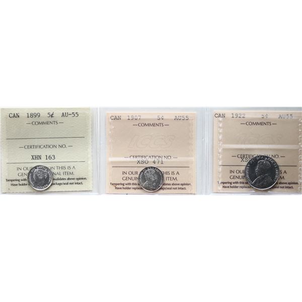 1899 5¢, 1907, 1922. Lots of 3 coins all ICCS Choice About Uncirculated-55