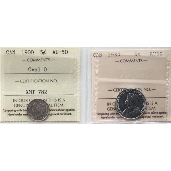 1900 5¢ "Oval 0", 1930.  Both coins  ICCS About Uncirculated-50