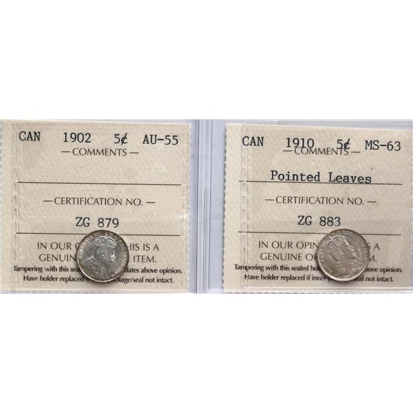 1902 5¢ Choice About Uncirculated-55 & 1910 Ptd Lvs Choice Mint State-63.  Lot of 2 coins.