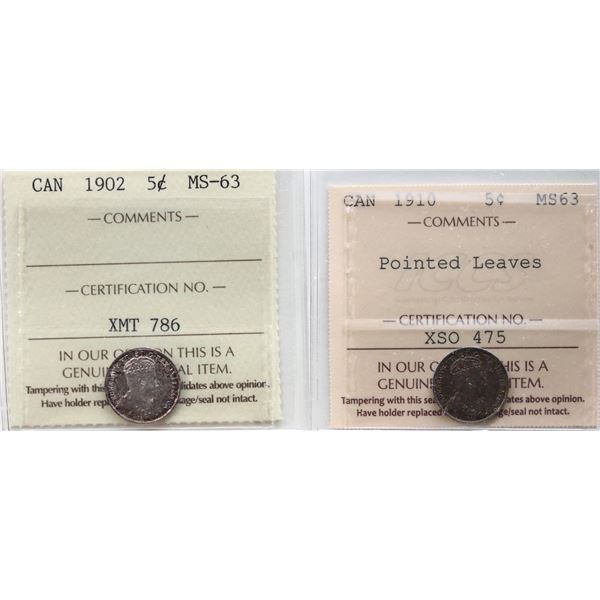 1902 5¢, 1910 "Pointed Lvs". Both coins  ICCS Choice Mint State-63
