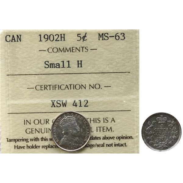 1902H 5¢  "Small H" ICCS Choice Mint State-63