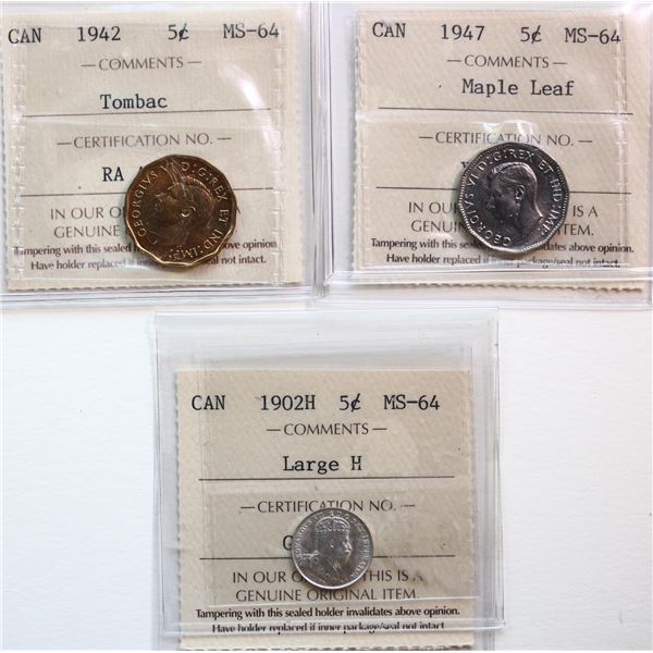 1902H 5¢ "Large H", 1942 "Tombac", 1947 "ML".  Lot of 3 coins ICCS Choice Mint State-64