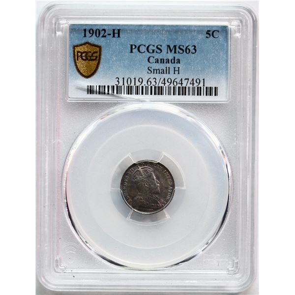 1902H 5¢ "Small H" PCGS Choice Mint State-63,  Attractive russet tone over full underlying lustre.