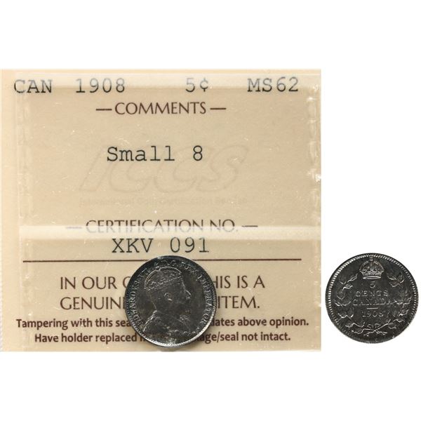 1908 5¢ "Small 8" ICCS Choice Mint State-62