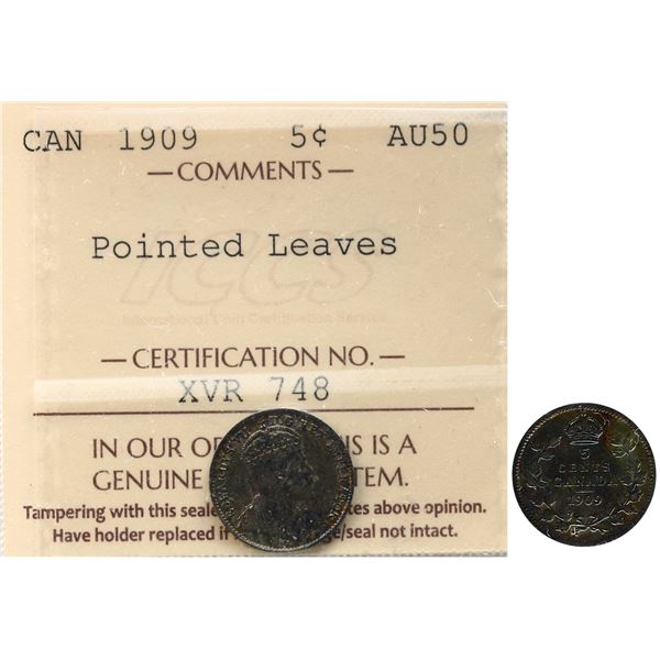 1909 5¢ "Pointed Lvs" ICCS About Uncirculated-50