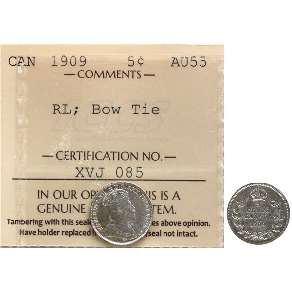 1909 5¢ "RL - Bow Tie" ICCS Choice About Uncirculated-55 Lustrous.