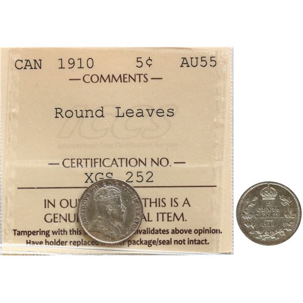 1910 5¢ "Round Leaves" ICCS Choice About Uncirculated-55 Lustrous.