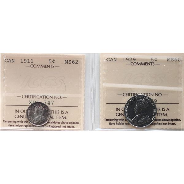 1911 5¢ Choice Mint State-62 & 1929 Mint State-60, Both coins ICCS .