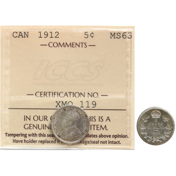 1912 5¢ ICCS Choice Mint State-63 Lustrous.