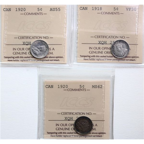 1918 5¢, 1920 (2), All 3 coins ICCS Choice Very Fine-30 to Choice Mint State-62.