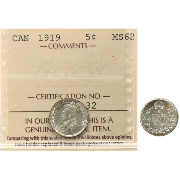 1919 5¢ ICCS Choice Mint State-62