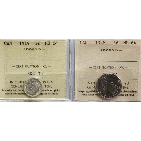 1919 5¢, 1928 5¢ Both coins ICCS Choice Mint State-64 Lot of 2 lustrous examples.