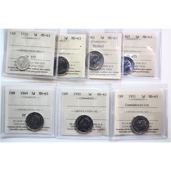 1920 5¢, 1927, 1942 "Nickel", 1945, 1949, 1950, 1951 "Com". Lot of 7 coins all ICCS Choice Mint Stat