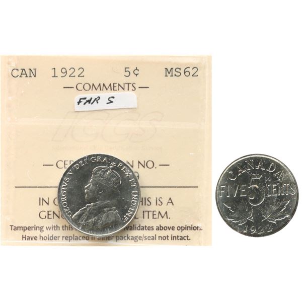 1922 5¢ "Far Rim" ICCS Choice Mint State-62