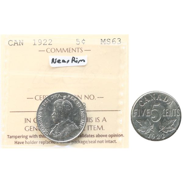 1922 5¢ "Near Rim" ICCS Choice Mint State-63