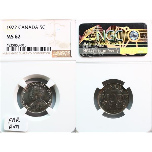 1922 5¢ "Near Rim" NGC Choice Mint State-62
