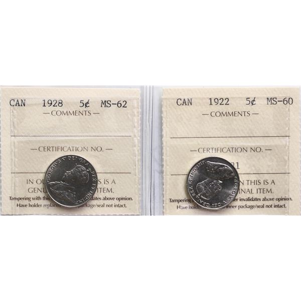 1922 5¢ Mint State-60 & 1928 Choice Mint State-62.  Lot of 2 ICCS graded coins.